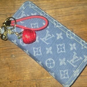 Red Apple Crystal Clutch W/Monogram Denim Wristlet Wallet w/ Charm Set